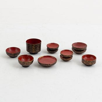 Doll, doll furniture, and table screen, Japan, wood, lacquer and paper, partly Showa, 20th century.
