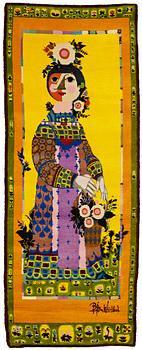44. Björn Wiinblad, VÄGGTEXTIL/MATTA, "Tucano", "Spring Lady",  handknuten, ca 282 x 106 cm, signerad Bjørn Wiinblad.