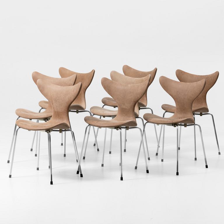 Arne Jacobsen, 8 chairs, “Måsen”/“Liljan”, Fritz Hansen, Denmark.