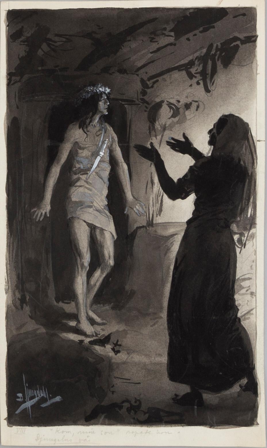 DAVID LJUNGDAHL, illustrationer, 8 st, tusch och täckvitt, signerade D. Ljungdahl. "Den andra djungelboken".