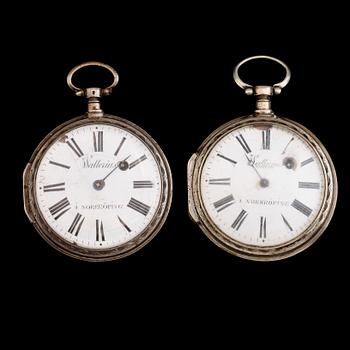SPINDELUR, 2 st, pläter, märkta Wallerius i Norrköping, 1800-talets första hälft.