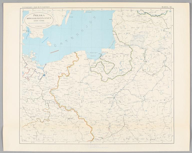 KARTOR OCH PLANSCHER I MAPP, bla "Karl XII på slagfältet", Norstedt & Söner, Stockholm 1918.