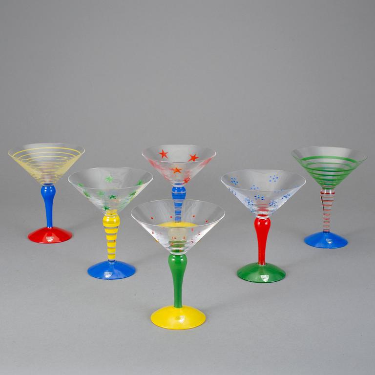 COCKTAILGLAS, 6 stycken, "Clown", Anne Nilsson, Orrefors, signerade.