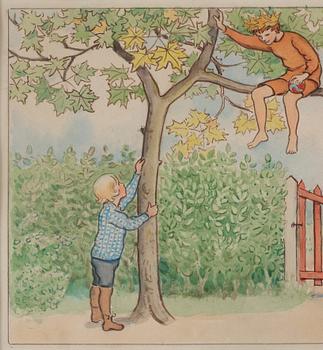 Elsa Beskow, Lasse throwing a ball to Prince September in the maple tree.