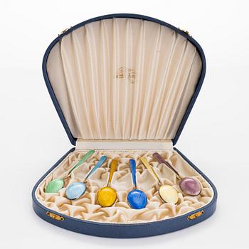 Tillander, six enamelled silver-gilt coffee spoons in fitted box, Helsinki 1957.