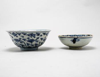 Two blue and white Chinese bowls from Ming Dynasty, 1368-1644.