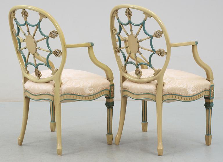 KARMSTOLAR, ett par, Hepplewhite typ, England, 1900-talets första hälft.