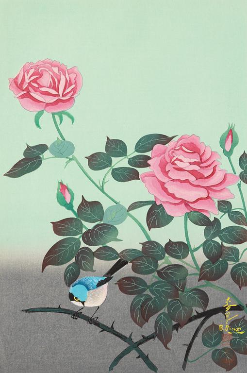 Ohno Bakufu, Motif of a bird and flowering roses, and a vase with prunus, peonies, daffodils and an orchid.