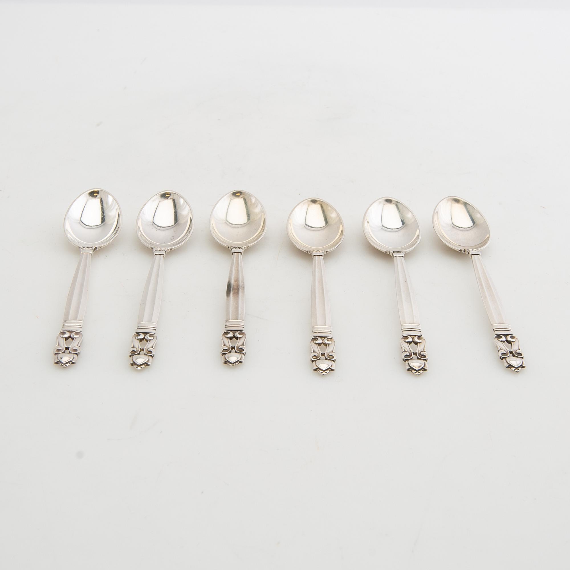 Johan Rohde, spoons 12 pcs "Konge/Achorn" sterling silver for Georg Jensen after 1945.