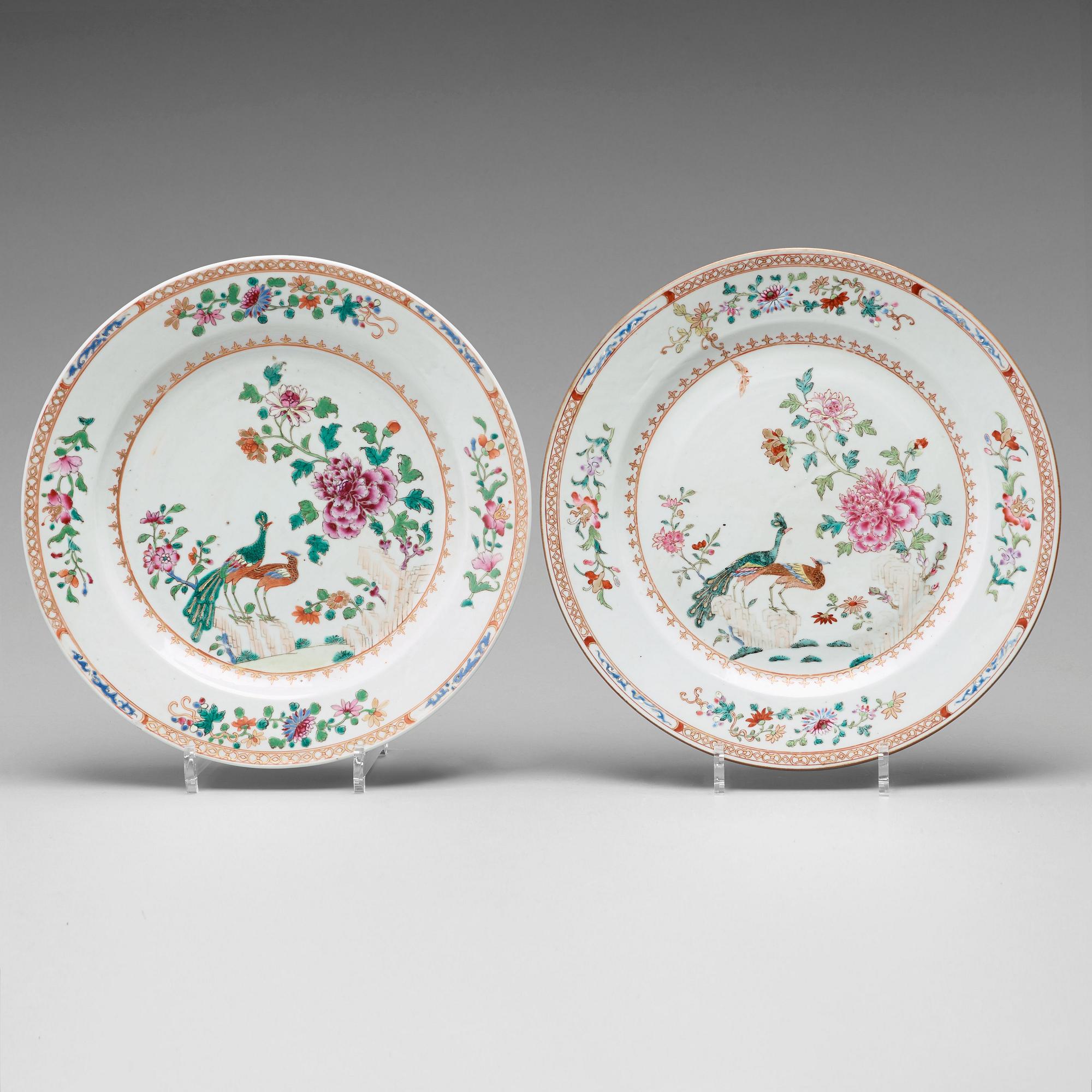 A pair of famille rose 'double peacock' dishes, Qing dynasty, Qianlong (1736-95).