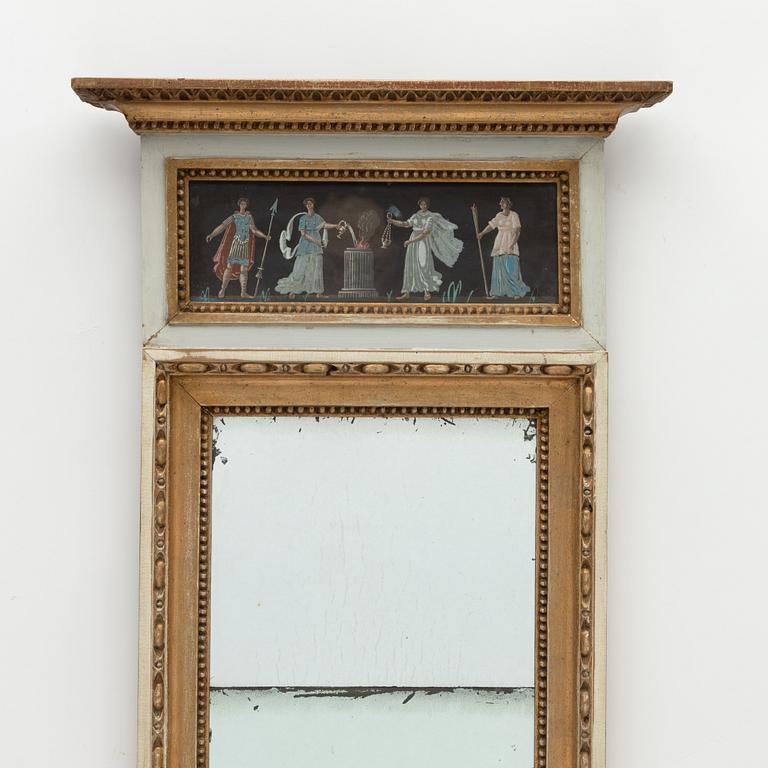 A late Gustavian giltwood and gouache-inset mirror, late 18th century.