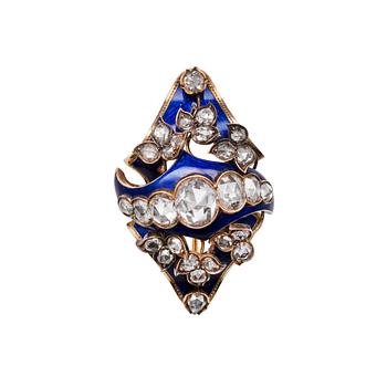 205. RINTANEULA, kultaa emalia , ruusuhiontaisia , folioituja timantteja n. 7.50 ct. Jahn & Bolin. Alkuperäinen rasia.