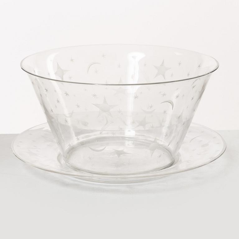 Edward Hald, skål, glas, "Stjärnhimmelsmönstret" Orrefors, 1920-tal.