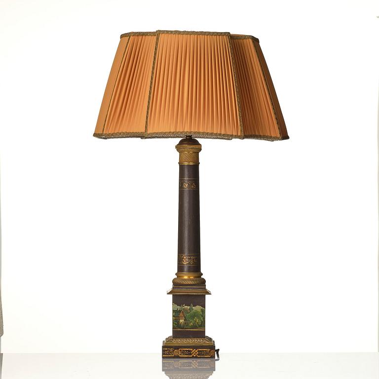 A presumably German late Empire tole-peinte lamp, ca 1830.