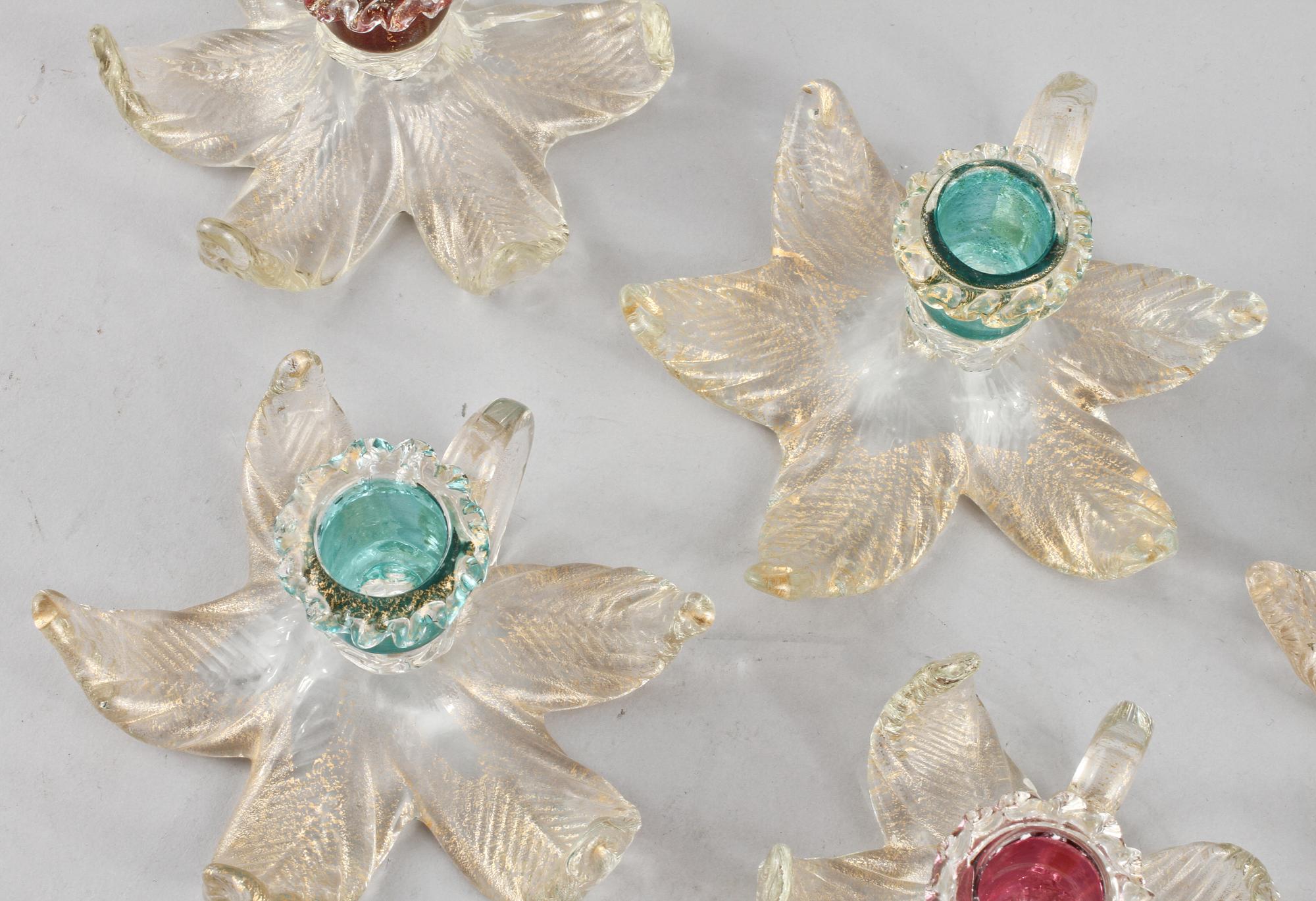 LJUSSTAKAR, 7 st, glas, Murano, omkring 1900-talets mitt.