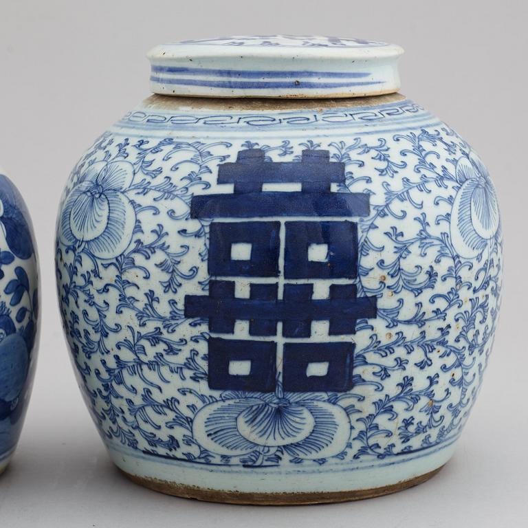 A set of three odd blue and white jars, late Qing dynasty, 19th Century.