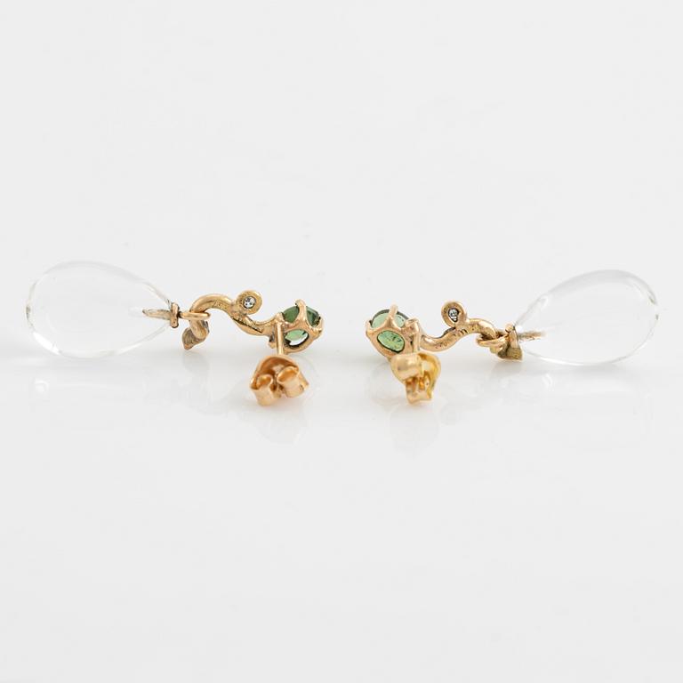 Pear shaped rock crystal, green tourmaline and eight cut diamond earrings.