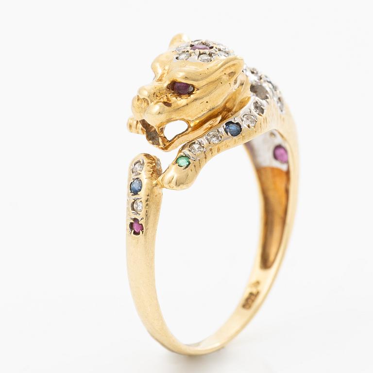 18K gold ring in the form of a panther with rubies, emeralds, sapphires and diamonds.