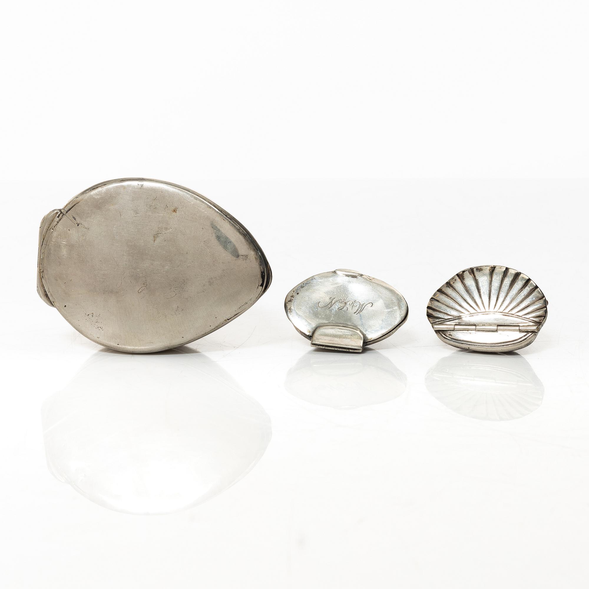 A set of three silver and seashell boxes, Sweden, 19th century.