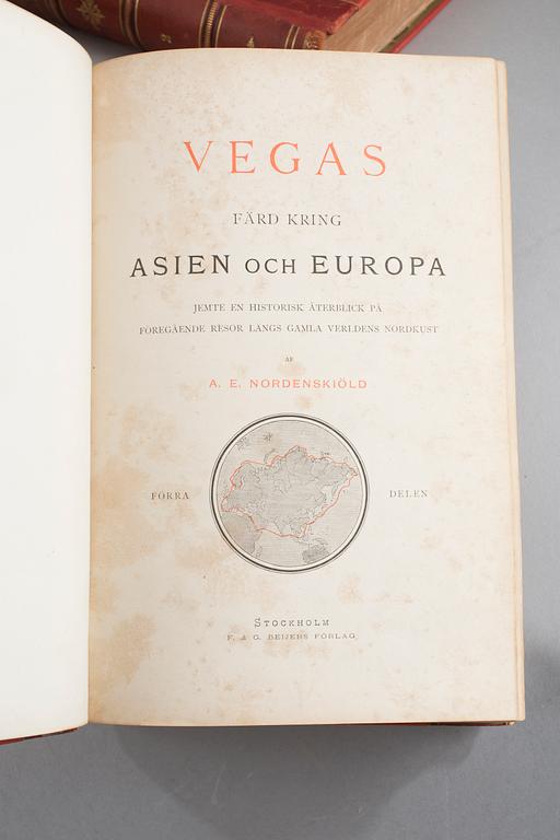 BOKPARTI OM UPPTÄCKTSRESOR, 5 vol, bla Vegas färd kring Asien och Europa, I-II, av A.E. Nordenskiöld, Stockholm 1880-81.