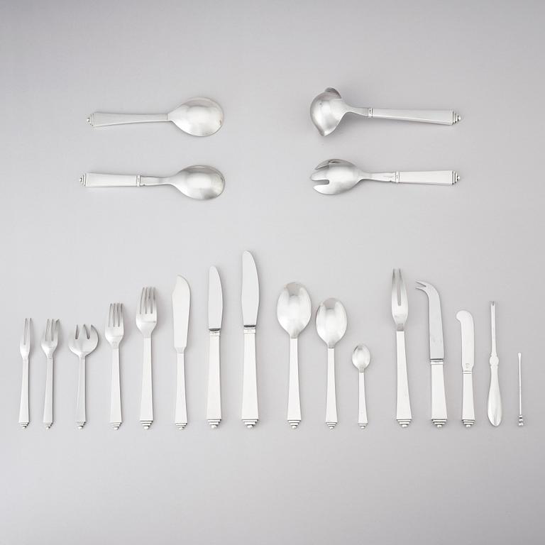 Harald Nielsen, a set of 121 pieces of sterling silver and stainless steel 'Pyramid' flatware, Georg Jensen, Cph +5 other lobster forks.