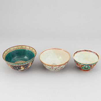 A group of bowls, a Chinese bowl for the persian market and 2 Thai Bencharong bowls, 19th Century.