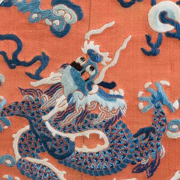 Two silk embroidered pieces, framed, late Qing dynasty.