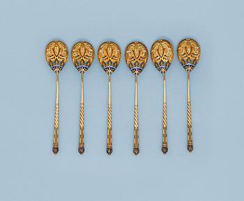 1192. A SET OF SIX RUSSIAN SILVER-GILT AND ENAMEL TEA-SPOONS, Makers mark of 11th Artel, Moscow early 20th century.