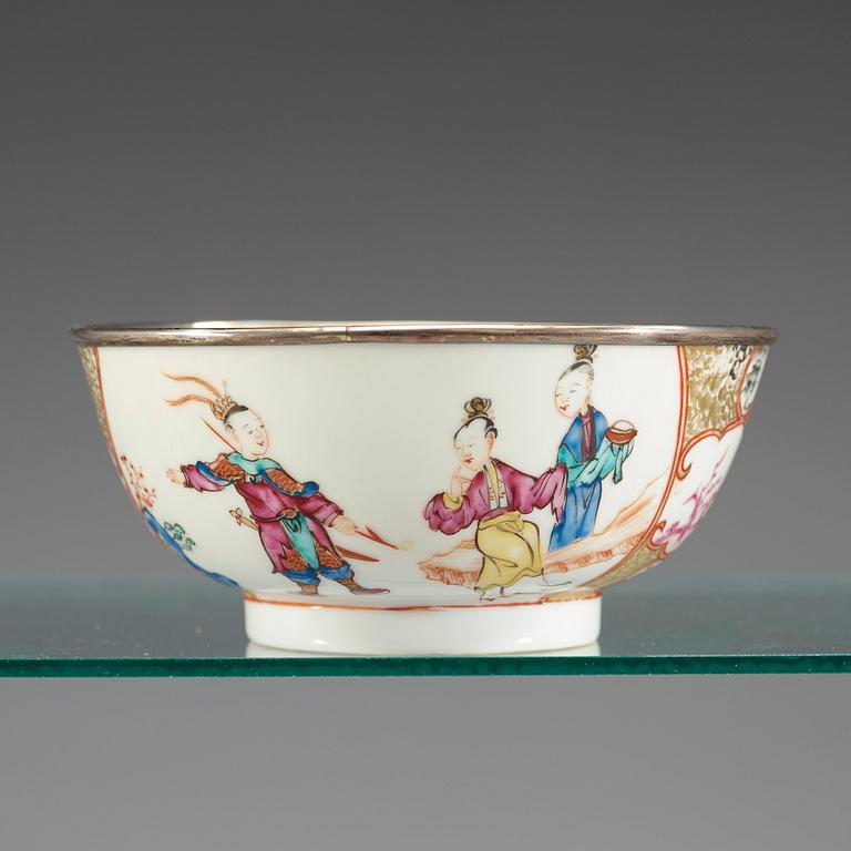 A 12 piece famille rose tea service, with later Dutch Silver mounts, Qing dynasty, Qianlong (1736-95).