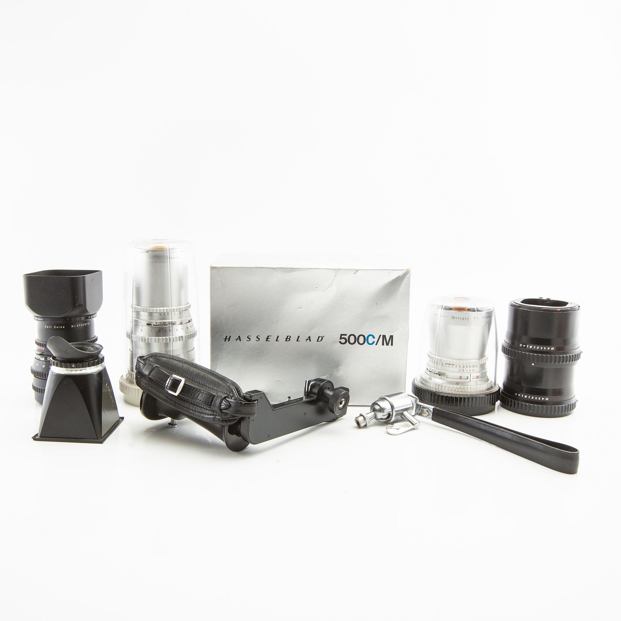 Hasselblad 500 C/M camera with lens and accessories.