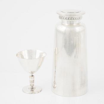 Shaker, tray and cocktail glass, silver plated.