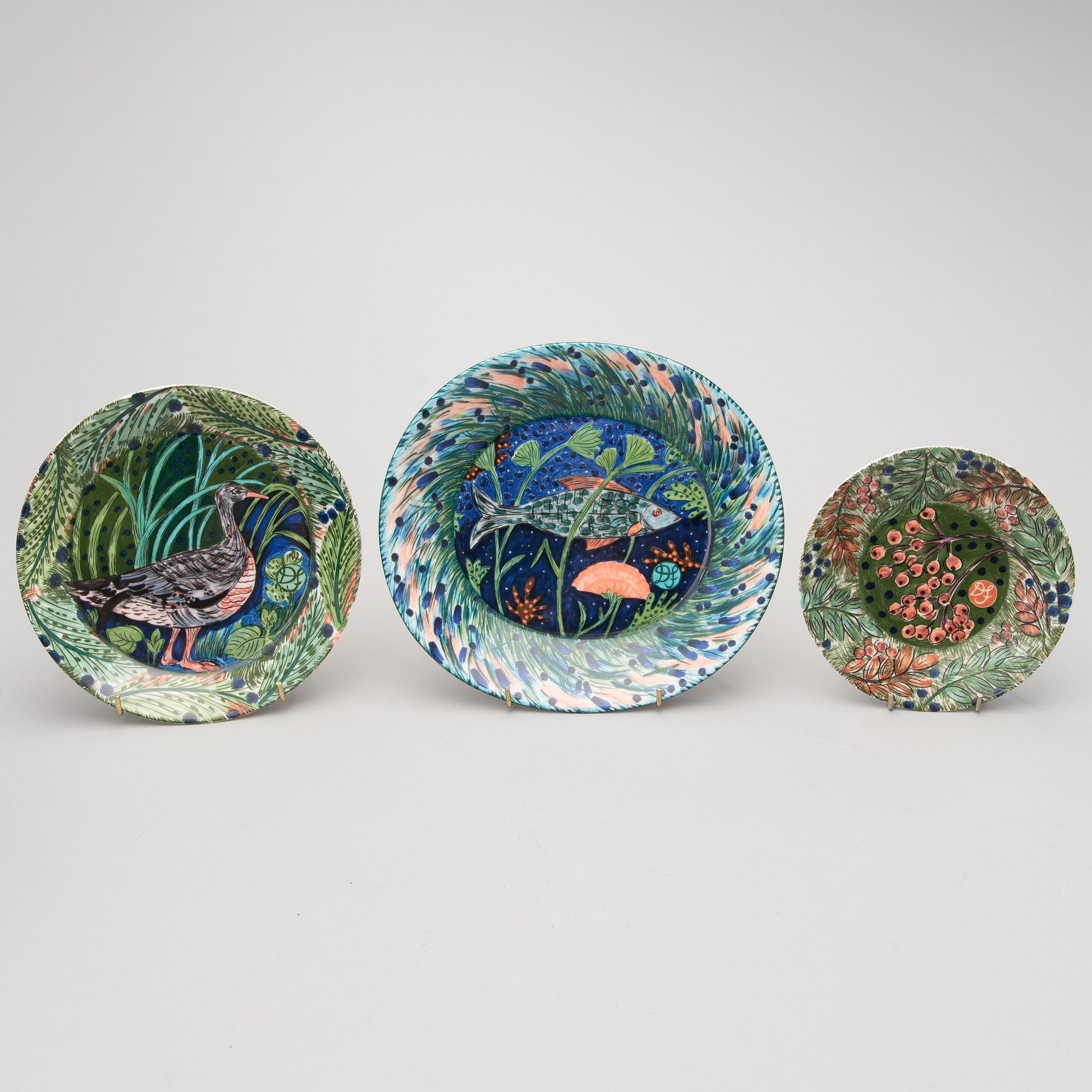 DORRIT VON FIEANDT, TALLRIKAR, 4 + 2 st, keramik, Hubertus-serien, Pro Arte, Arabia Finland 1990-tal.