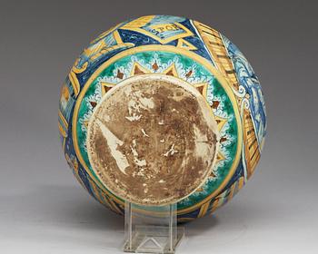 An Italian majolica albarello, presumably Urbino, 17/18th Century, marked with the date 1628.