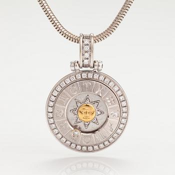 An 18K white gold horoscope pendant with a 14K white gold chain. Diamonds ca. 0.78 ct in total. Silvan.