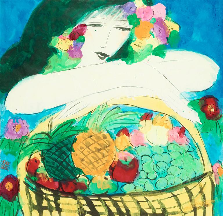 Walasse Ting, Woman with fruit basket.