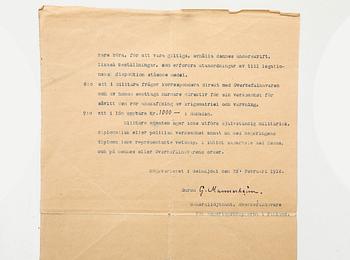 Gustaf Mannerheim 1867-1951, Finland, baron, military leader and statesman. Signed document Swedish Brigade 1918.