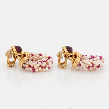 A pair of Bulgari 18K gold earrings with sugarloaf-cut rubelites and cultured pearls and ruby beads.