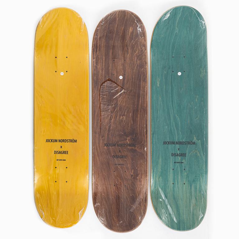 Jockum Nordström & Disagreee, skateboard decks, 3 pcs, Disagree Skateboards, Sweden, 21st century.