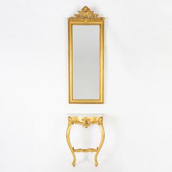 Spegel med konsolbord, rokokostil, omkring år 1900.