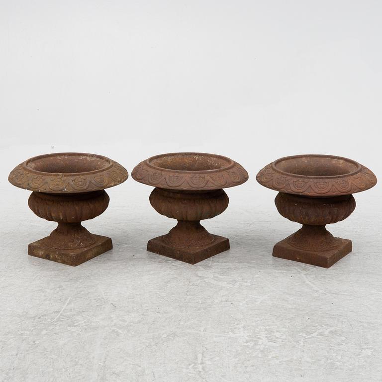 Garden urns, 3 pcs, cast iron, late 20th century.