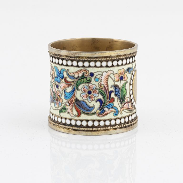 A Russian silver-gilt and cloisonné enamel napkin ring, unidentified makers mark, Moscow 1899-1908.