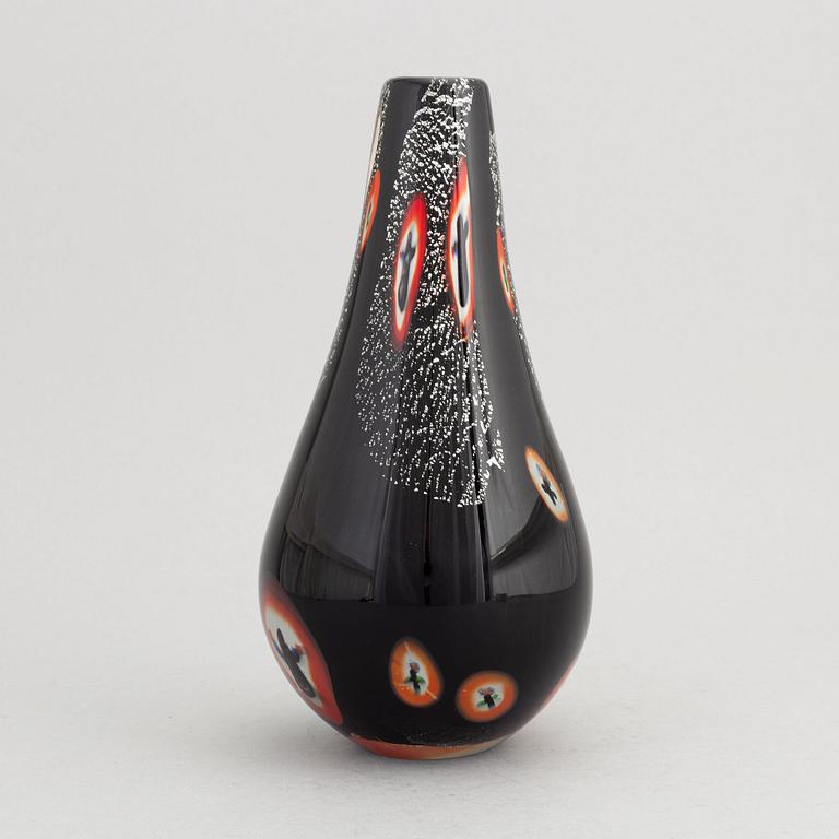 A black pear-shaped glass vase, possibly designed by Alfredo Barbini, Murano, Italy.