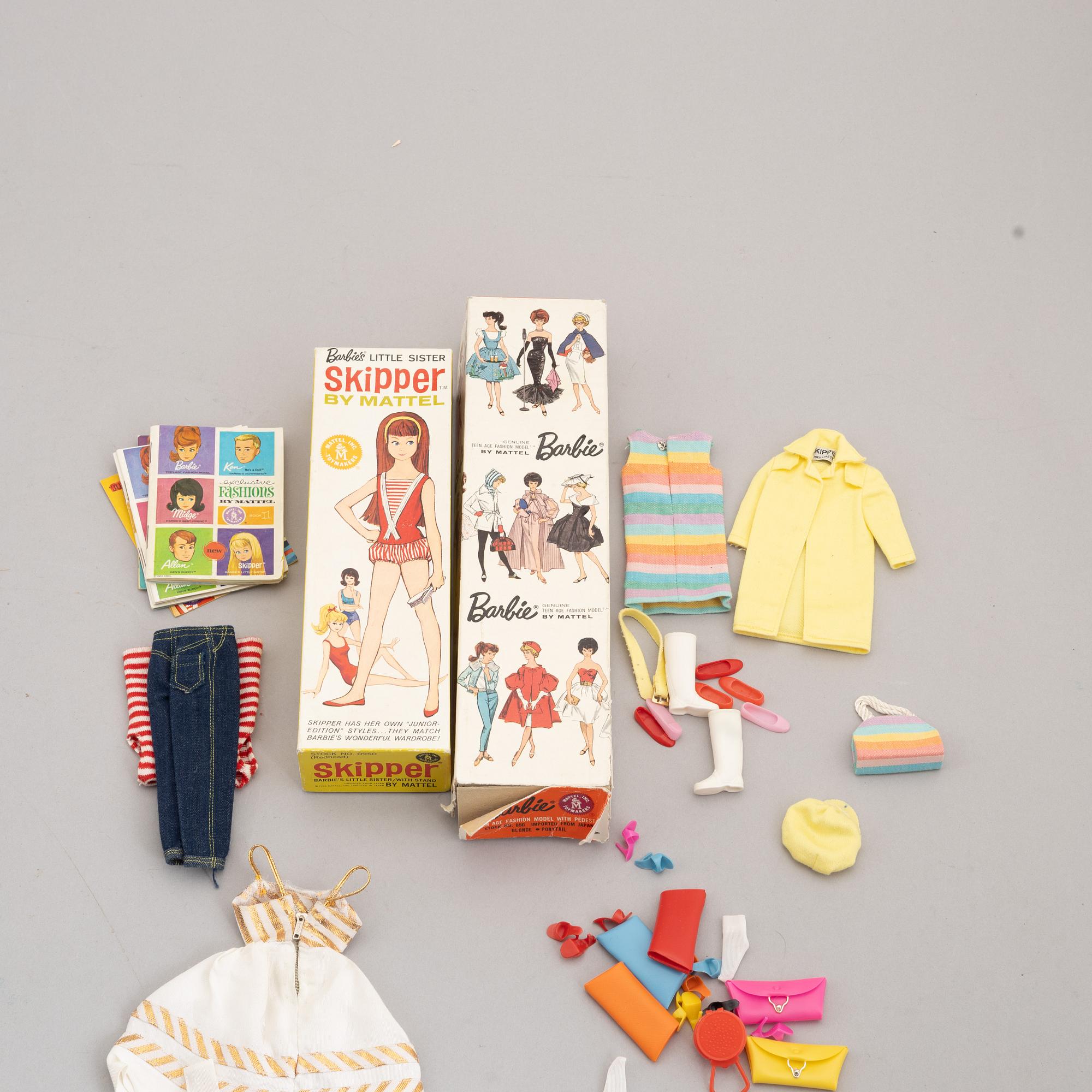 Barbie & Skipper, dolls 2 pcs. and vintage clothing, Mattel 1960s.