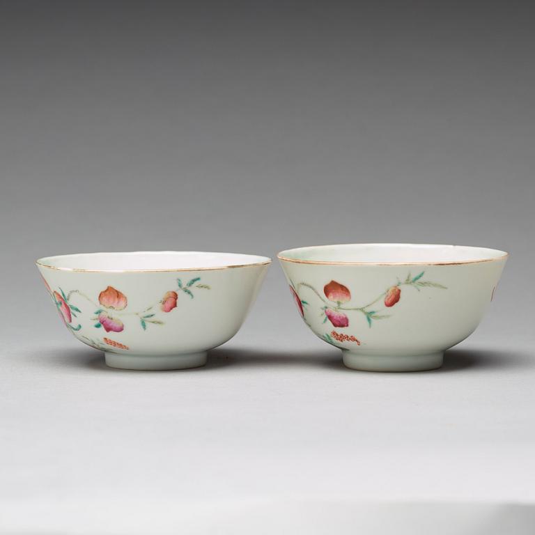 A pair of famille rose 'nine peaches' bowls, Qing dynasty, 19th century, with a 'Shende Tangzhi' mark.