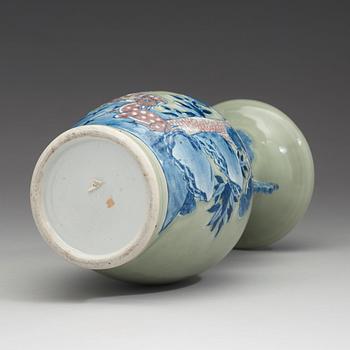 A celadon ground porcelain baluster vase, Qing dynasty (1644-1912).