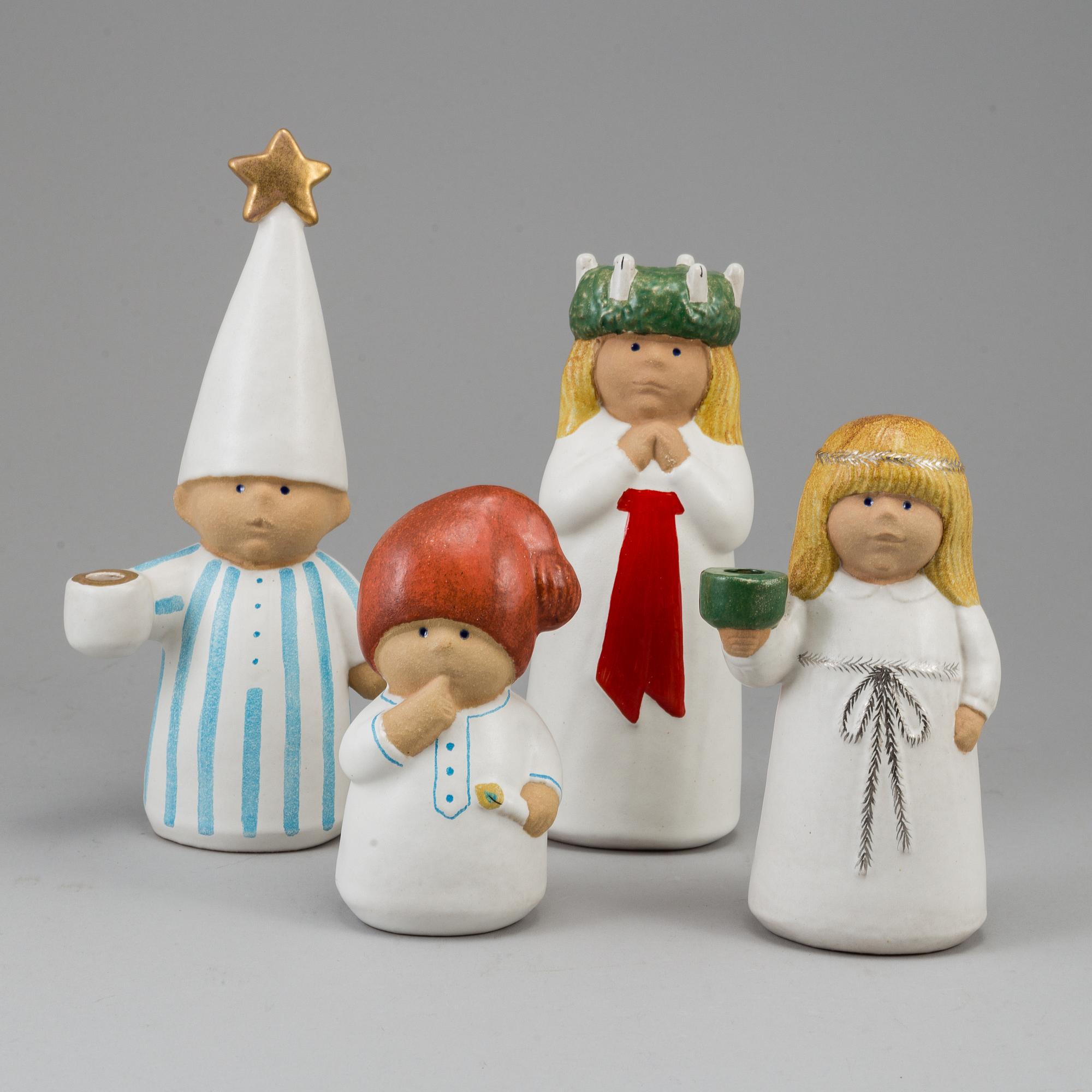 LISA LARSON, 4 st, Luciatåg, ljusstakar/figuriner, signerade, Gustavsberg.