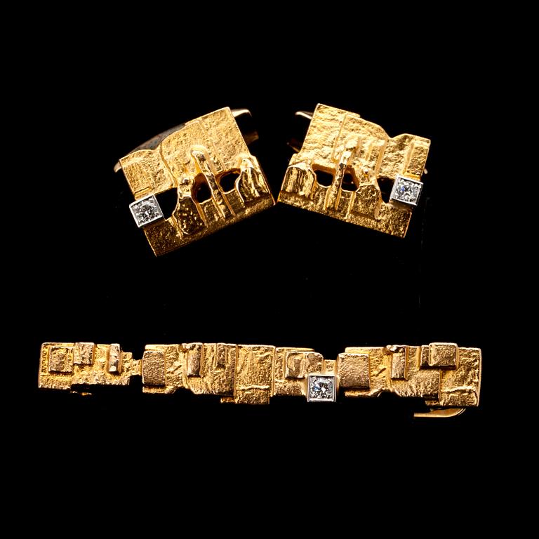 SLIPSNÅL och MANCHETTKNAPPAR, guld 14K, små diamanter, "Crust of Ice" Björn Weckström Lapponia. Vikt 16,6.