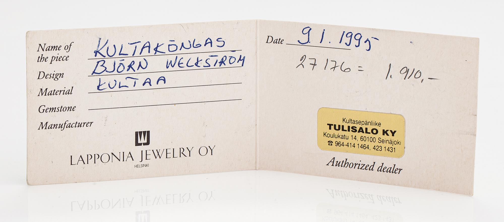 Björn Weckström, Rannekoru "Kultaköngäs", 14K kultaa. Lapponia 1987.