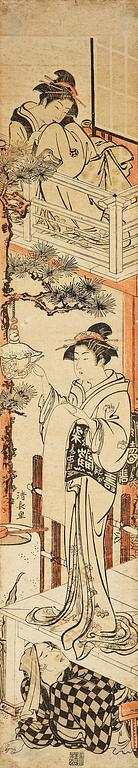 Woodblock printed in colours by Torii Kiyonaga (1752-1815), Parody of the letter-reading scene in act VII of Chûshingura.