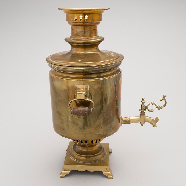 A Russian brass samovar, circa 1900.